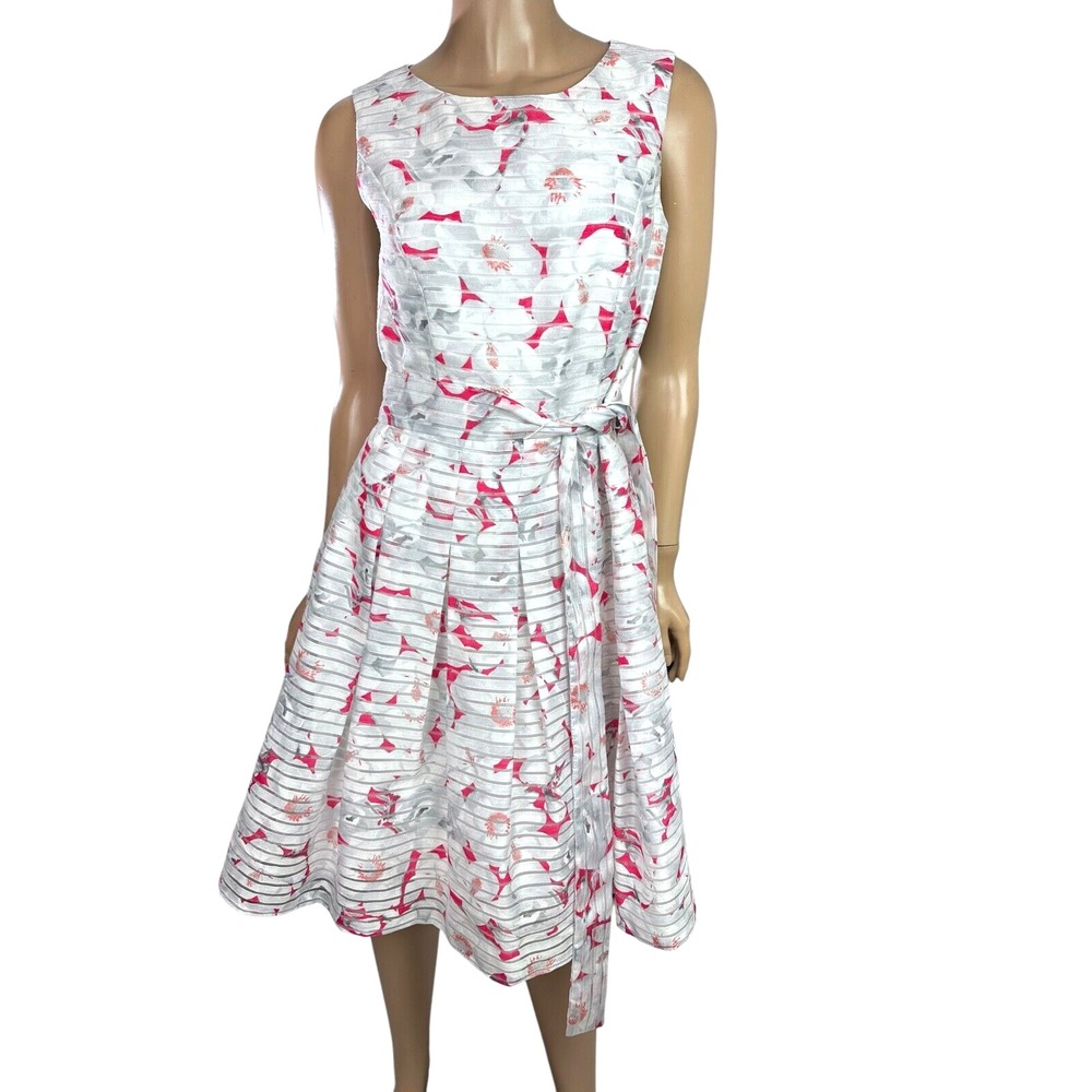 Tommy Hilfiger Fit & Flare Dress Sz 6 Sleeveless White w RedDesign Sheer Overlay